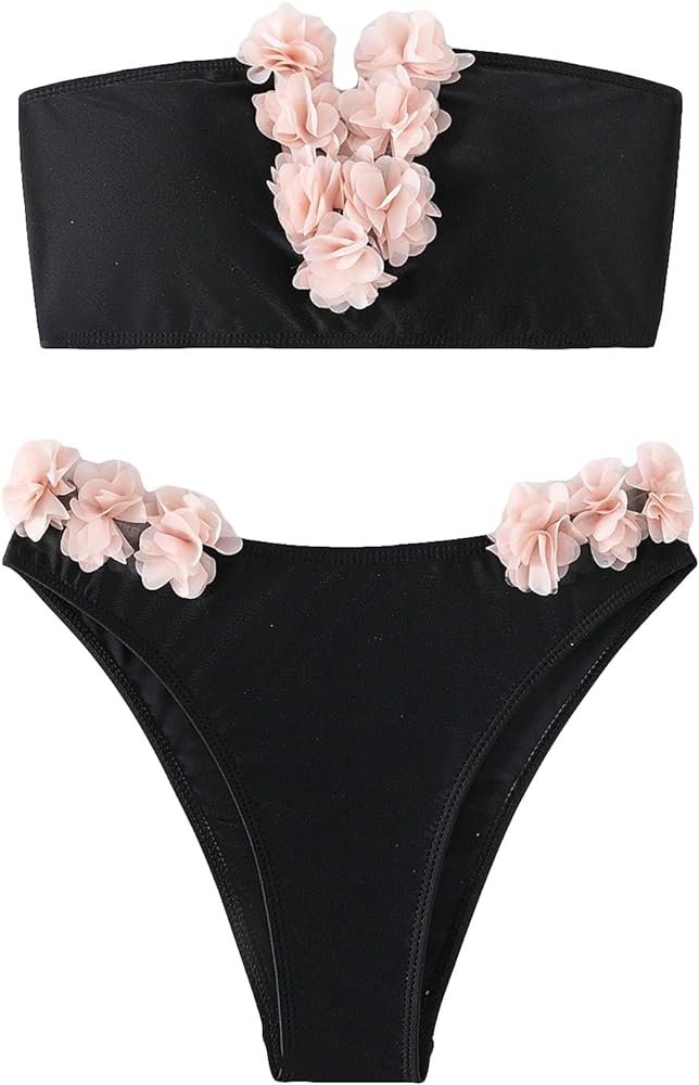 SHENHE Women's 2 Piece Bandeau Bikini Set Strapless Lace Up Appliques Flower Swimsuit