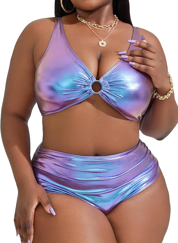 MakeMeChic Women's Plus Size 2 Piece Metallic Bikini Set Ring Tummy Control Bathing Suits Swimsuits