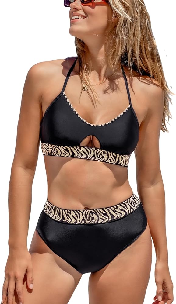 CUPSHE Women's Bikini Sets Two Piece Swimsuit High Waisted V Neck Cutout Adjustable Strap Back Hook Cheeky Shell Stitching