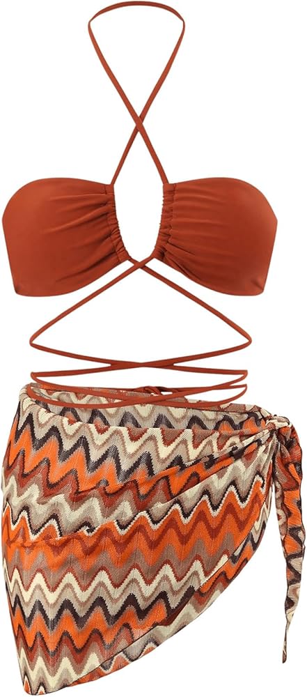 WDIRARA Women's 3 Piece Halter Criss Cross Swimsuit Tie Back Bikini Set with Skirts