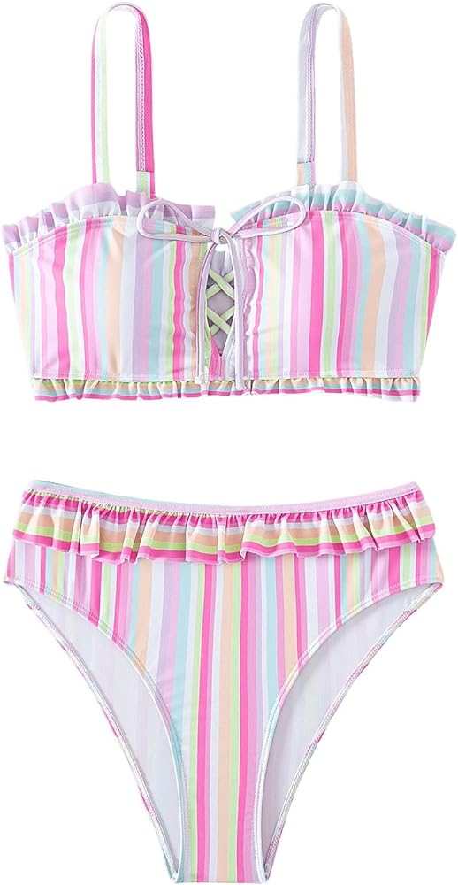 Women's 2 Piece Swimsuits Striped Ruffle Trim Lace Up Tie Front High Cut Bikini Sets