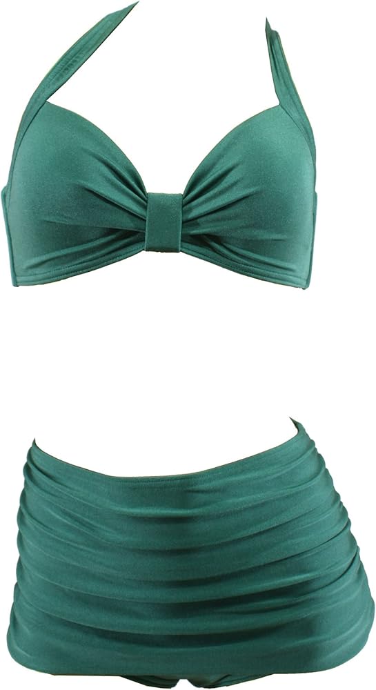 Women high Waist Vintage Two Piece Bikini Halter Uni Plain