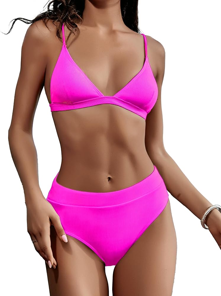 DaiLiWei Ribbed High Waisted Tummy Control Bikini Sets for Women Push Up Triangle Bathing Suit Two Piece High Cut Swimsuit