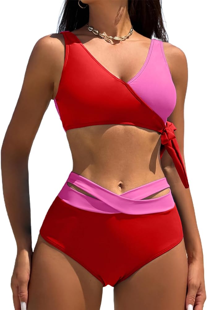 Swmmer Liket High Waisted Bikini Sets for Women Two Piece Swimsuit Color Block Bathing Suit Tie Side Tank Top