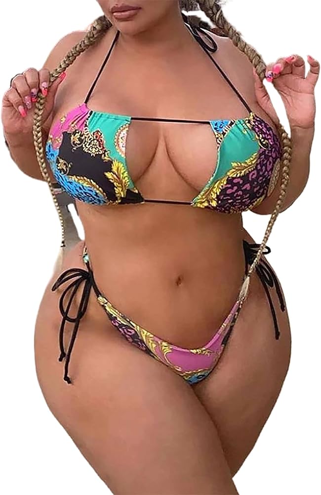 Woeoe Boho Floral Bikini Sets Pink String Halter Brazilian Top Thong Sexy Two Piece Triangle Bikinis Beachwear