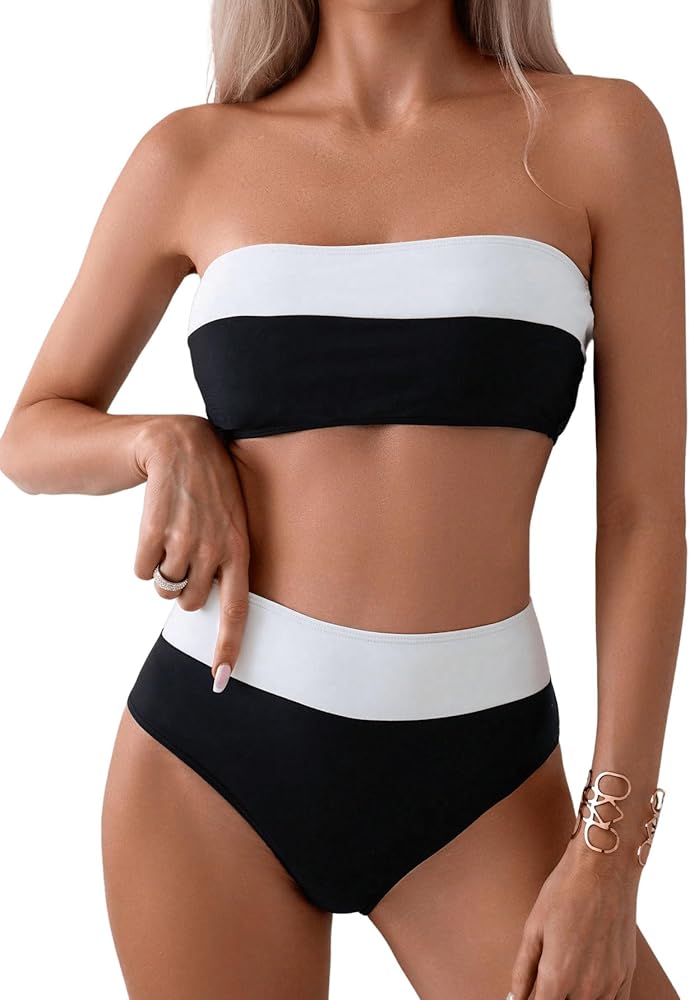 Women's 2 Pieces Bandeau Bikini Set Color Block Strapless High Waist Bathing Suits