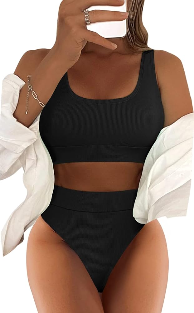 Lilosy High Waisted Tummy Control Bikini Ribbed Sporty Brazilian Swimsuit Set 2 Piece