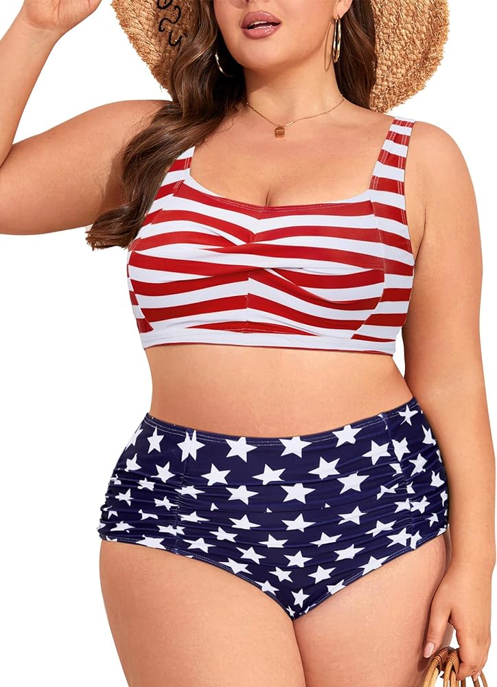 American Trends Womens Plus Size Bikini 2 Piece Plus Size Swimsuits Tummy Control Bathing Suits High Waisted Bikini