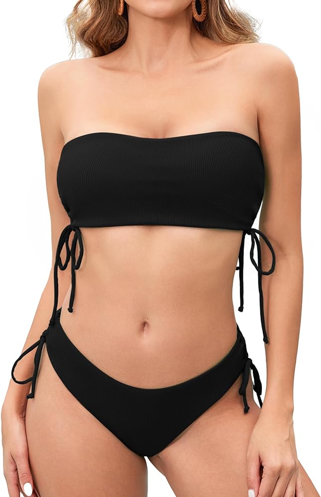 Women's Two piece Swimsuit Bating Suit Tie Side Ribbed Bandeau Bikini Set