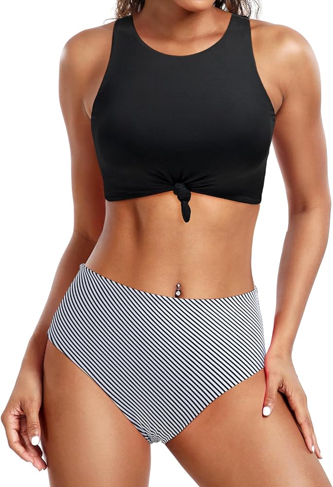 Tempt Me Women High Waisted Sporty Bikini Sets High Neck Two Piece Swimsuits Tie Knot Bathing Suits