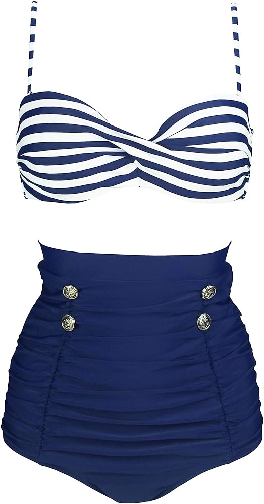 COCOSHIP Retro Polka Dot Twisted Front High Waisted Bikini Set Tie Belt Vintage Ruched Swimsuit(FBA)