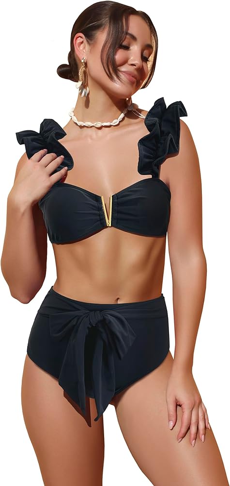 SPORLIKE Women High Waisted Swimsuit Flounce Straps Bikini Bathing Suit