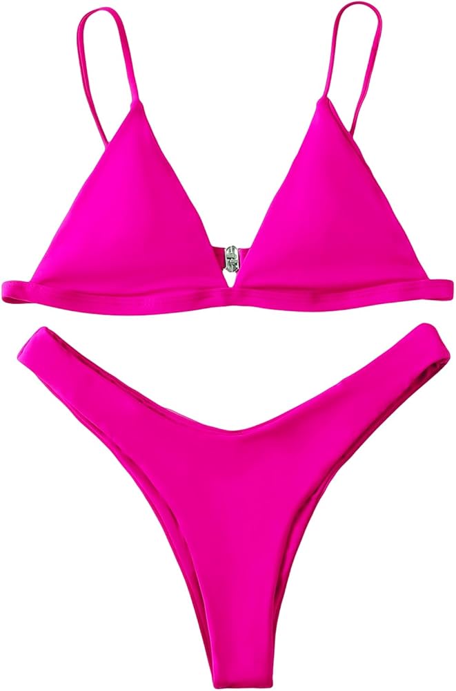 SweatyRocks Women's 2 Piece Solid Swimsuit Wireless High Cut Triangle Bikini Set