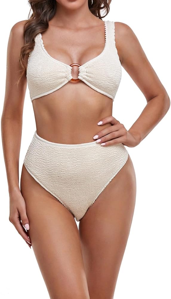 Women Two Piece Bikini Set High Waist V Neck Crinkle Fabric Bandeau Crop Top Bathing Suit