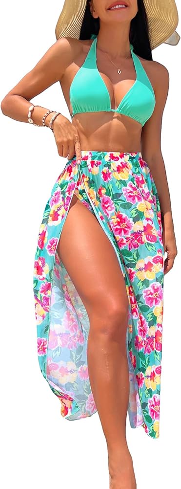 SHENHE Women's 3 Piece Floral Bikini Set Triangle Halter Swimsuit with Cover Up Slit Skirt