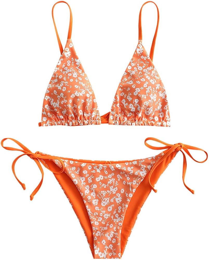 Womens Triangle Bikini Sets Floral Print Tie String Tid Side High Cut Bikini Swimsuits Two Piece Bathing Suit