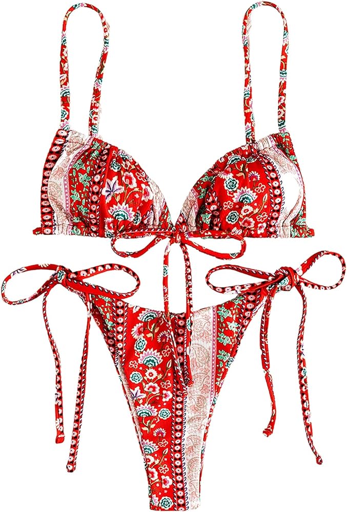 WDIRARA Women's Floral Print Tie Side Swimwear Straps Bikini Sets Swimsuits