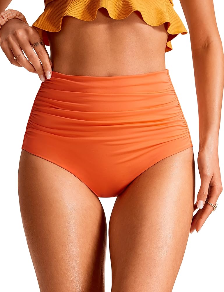 CRZ YOGA Womens High Waisted Ruched Bikini Bottom Tummy Control Swim Bottoms Retro Full Coverage Tankini Swimsuit Briefs