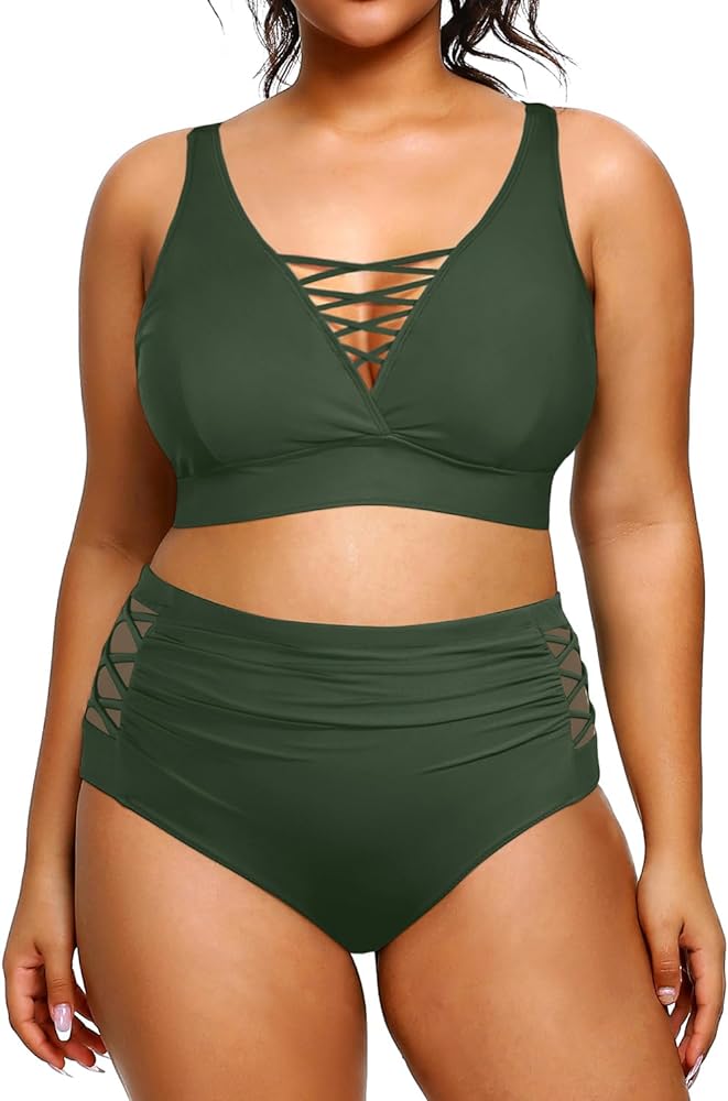 Yonique Two Piece Plus Size Swimsuit for Women High Waisted Bikini Set Tummy Control Bathing Suits