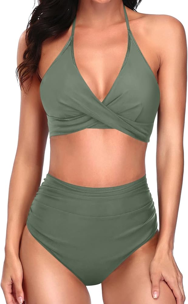 Yonique Women Two Piece High Waisted Bikini Set Halter Swimsuit Twist Front Bathing Suit with Tummy Control Bottoms