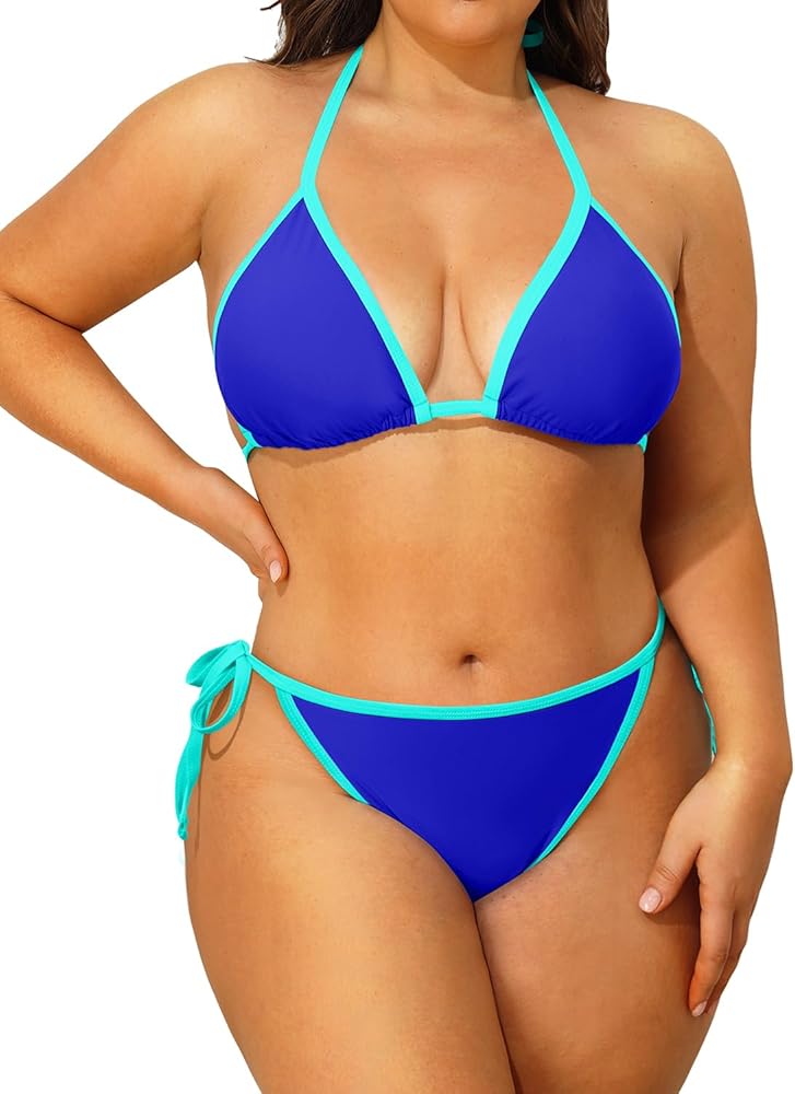 Tempt Me Women Blue Aqua Plus Size Triangle Bikini Sets String Two Piece Halter Swimsuits with Tie Side Bottom 14 Plus