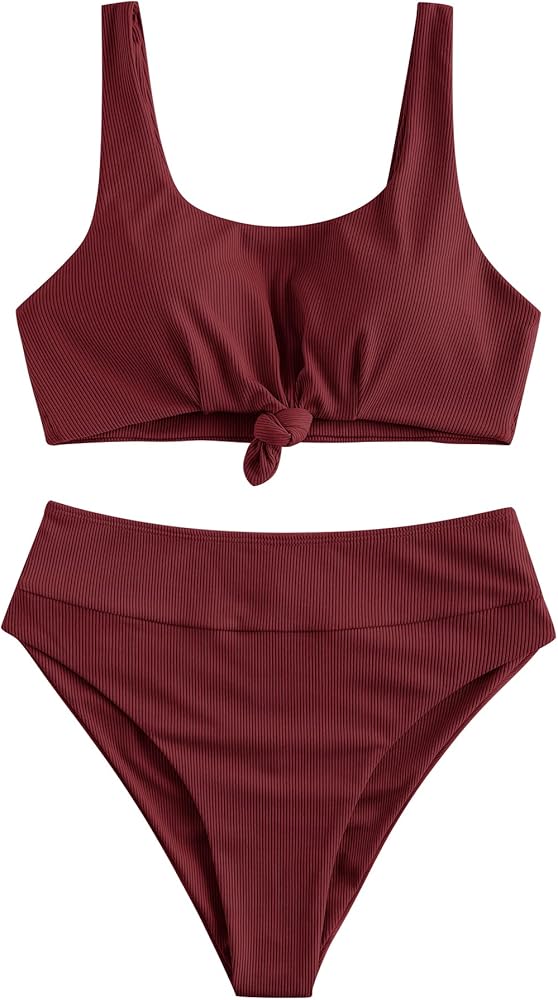 ZAFUL Women Bikini Swimsuit Chest Kink Tank Top Tummy Control High Waisted Two Piece Bathing Suits Wine Red S