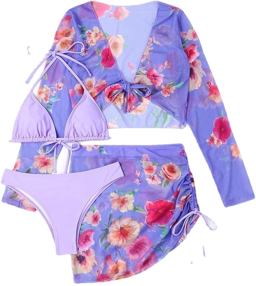 Womens 4 Piece Floral Swimsuit Tie Halter Bikini Set Bathing Suit with Mesh Beach Shirt Mini Skirt Coverup