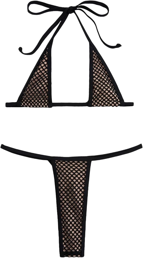 SweatyRocks Women's Micro Bikinis Halter Extreme Triangle Fishnet Bikini Set G String Thong Swimsuits