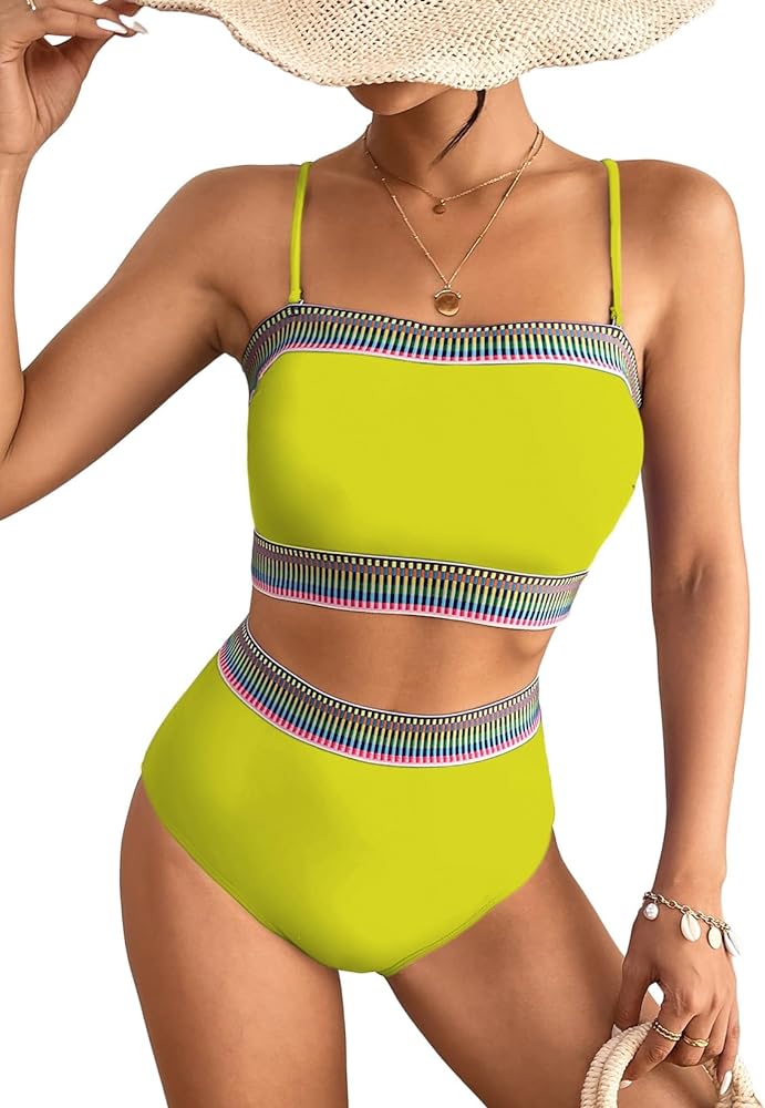 Herseas Women's Bandeau Color Block Bikini 2024 Summer Strapless Tube Two Piece Swimsuit Bathing Suits Pear Green Small 4 6