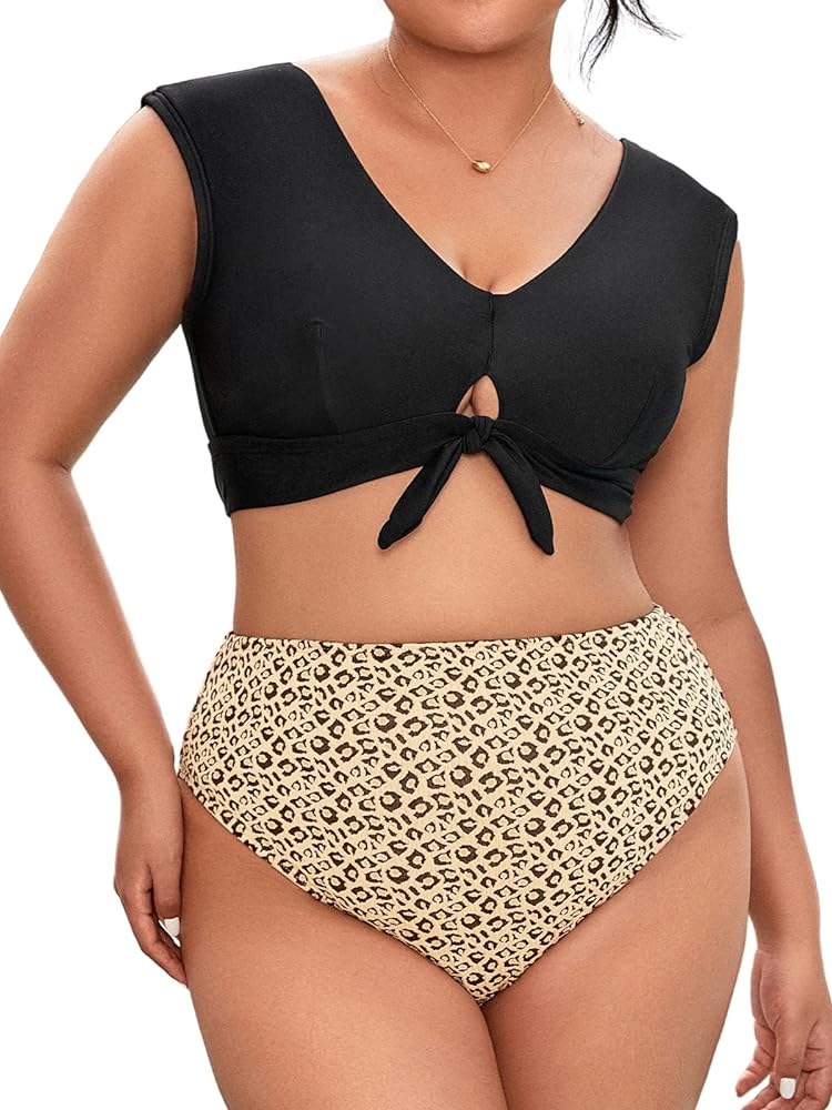 CUPSHE Women Swimsuit Plus Size Bikini Set Two Piece Bathing Suit High Waisted Knot Crisscross Self Tie Leopard Print