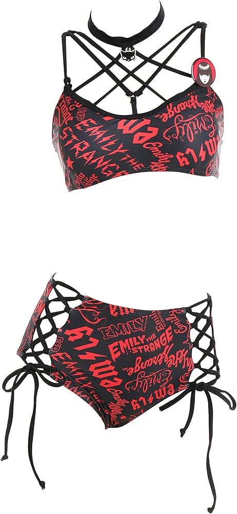 Emily the Strange Bikini Set Spaghetti Strap Halter Top with Lace-up Closure Bottom Gothic Print Two Piece Bathing Suit