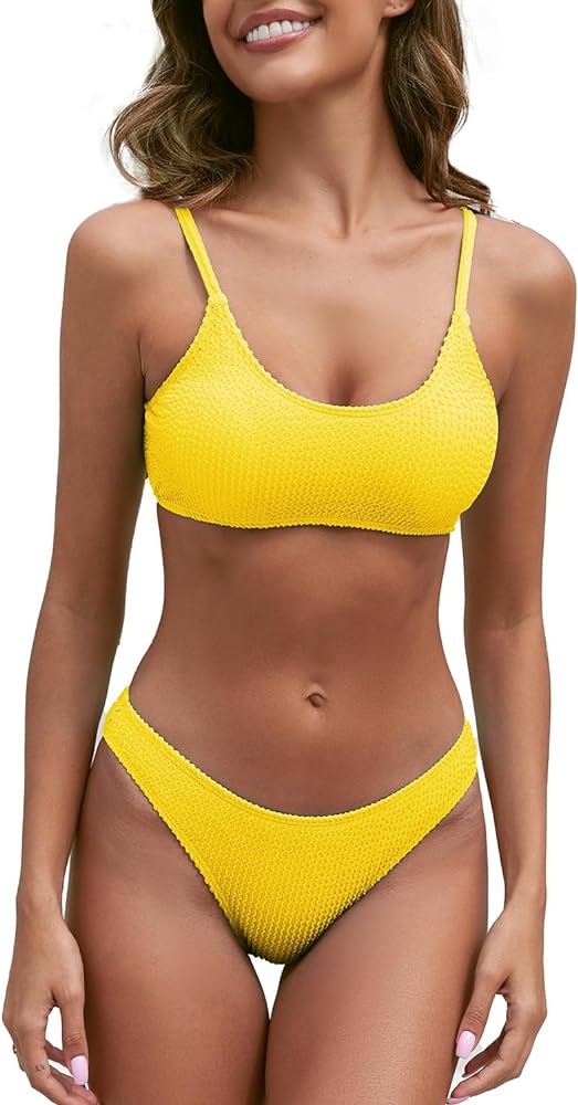 Fanuerg Women's Ribbed Bikini Sets Scoop Neck Cheeky Swimsuit Textured Two Piece Bathing Suit