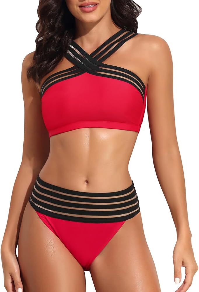 Hilor Women's Two Piece Bathing Suits Front Crossover Swimsuits Sexy Stripe Hollow High Waisted Bikini Swimwear