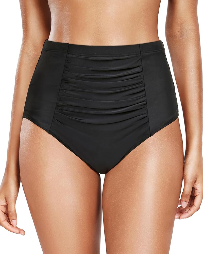 Yonique Women High Waisted Bikini Bottom Full Coverage Swimsuit Bottom Ruched Bathing Suit Bottom Only