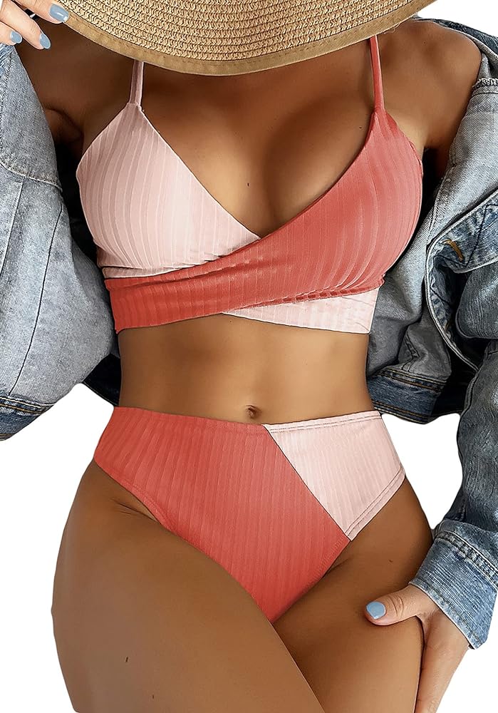 Women's 2 Piece Colorblock High Waisted Wrap Spaghetti Strap Summer Swimsuit Bikini Set