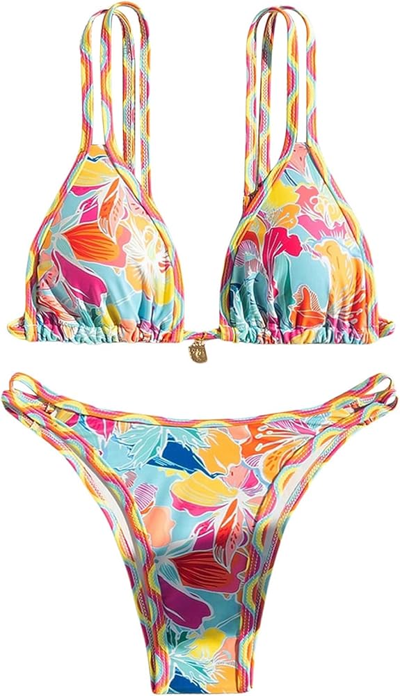 Verdusa Women's Strappy Tie Back Swimsuits 2 Piece Floral Print Bikini Sets