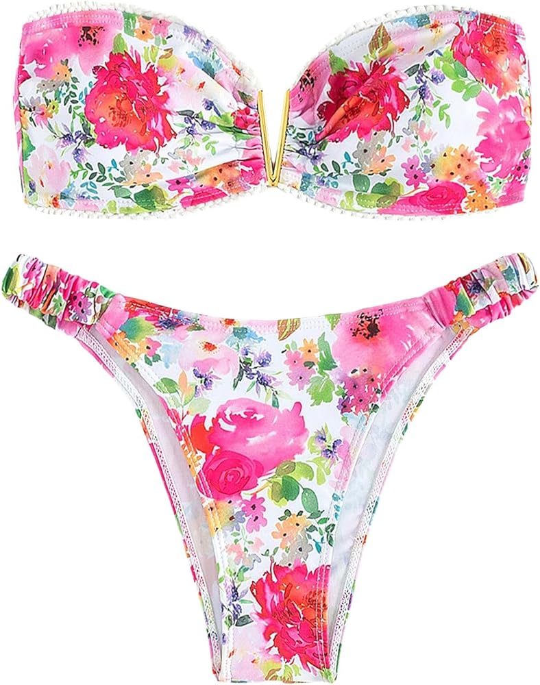 OYOANGLE Women's 2 Piece Bikini Swimsuits Floral Print V Wired Strapless Bandeau Bathing Suits Swimwear