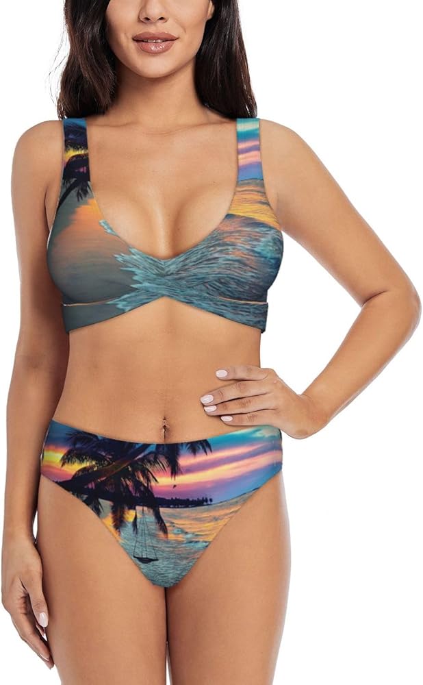 Coconut Beach Sunset Hammock Print Bikini Set for Women Soft, Stretchy, and Stylish Swimwear for Beach Pool, and Vacation