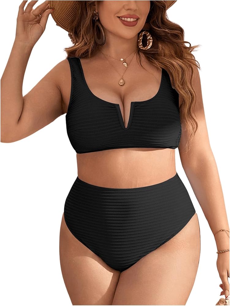 SOLY HUX Women's Plus Size Swimsuit Textured High Waisted Bikini Sets Two Piece Bathing Suits