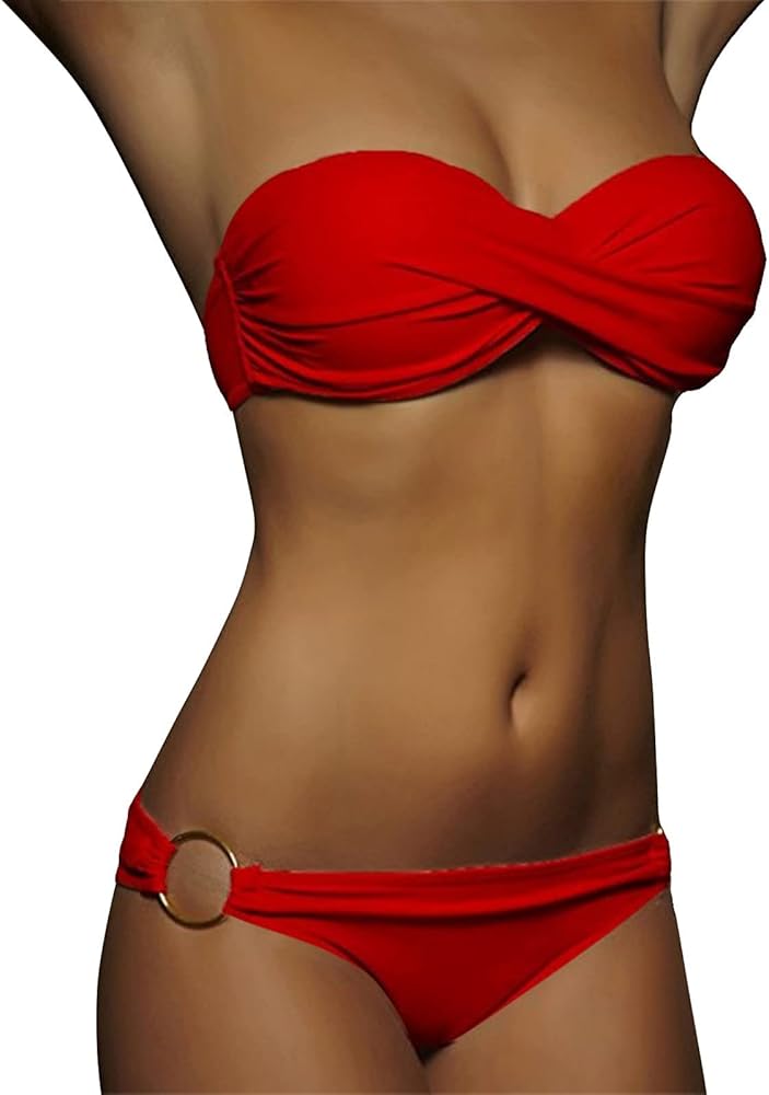 Bandeau Bikini Sets for Women Sexy Strapless Twist Front Bathing Suits O-Ring Low Rise Bikinis Bottoms Swimsuits