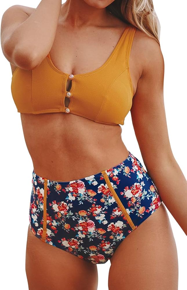 CUPSHE Women's Caramel Buttons High Waist Floral Two Piece Bikini Set