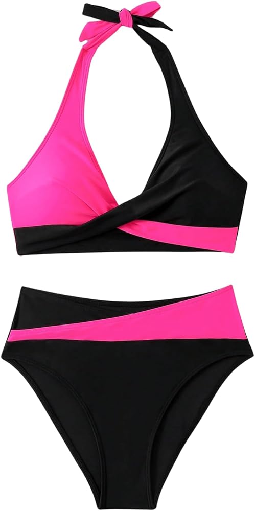 GORGLITTER Women's Color Block Halter Bikini Sets Cheeky Swimsuit High Waisted Thong Modest Bathing Suit