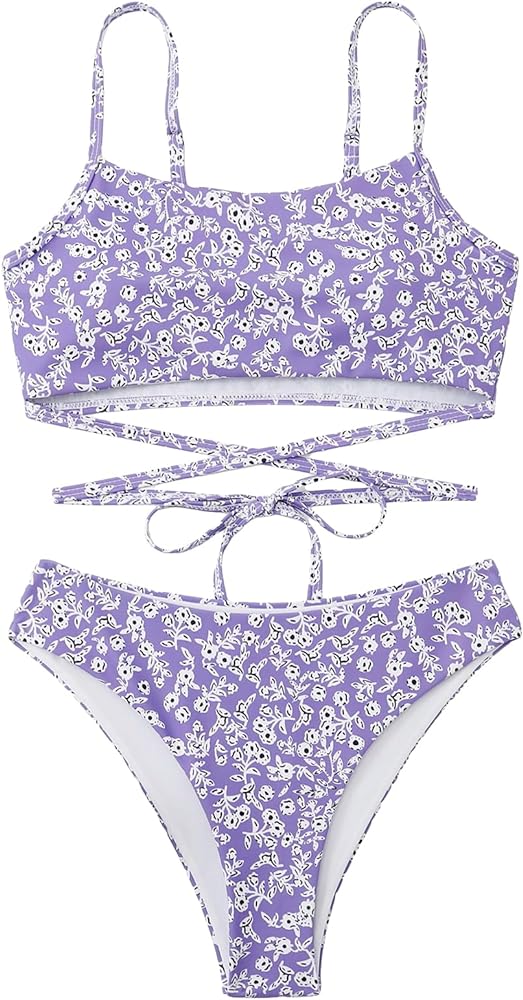 Floerns Women's 2 Piece Ditsy Floral Print Criss Cross Tie Back Bikini Swimsuit Set