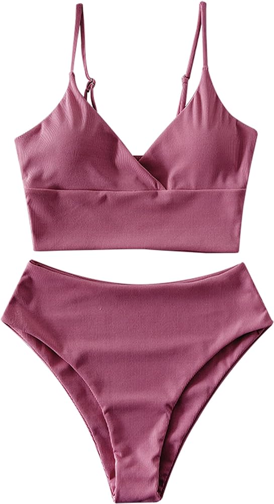 ZAFUL Women's V Neck Tankini Set, Ribbed High Cut Surplice Bikini High Waisted Two Piece Swimsuit