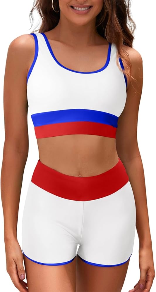 Herseas Women 2 Piece High Waisted Bikini Set Athletic Color Block Swimsuits 2024 Tankini Top with Boyshort Bathing Suit