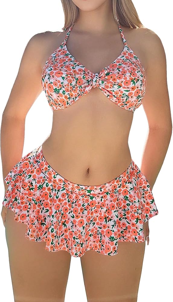 SweatyRocks Women's 2 Piece Bikini Set Floral Print Halter Ruffle Twist Front Swimsuit