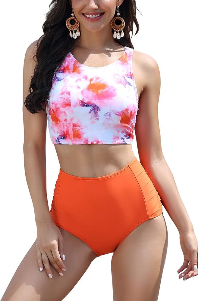 Womens High Waisted Bikini Set Two Piece Swimsuit High Neck Crop Tops Bathing Suit Full Coverage Tummy Control Tankini