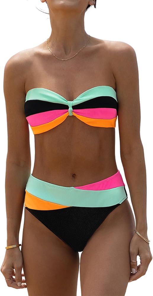 popvil Women's V Neck High Waisted Swimsuit Tie Back Bikini Sets Color Block Bathing Suit