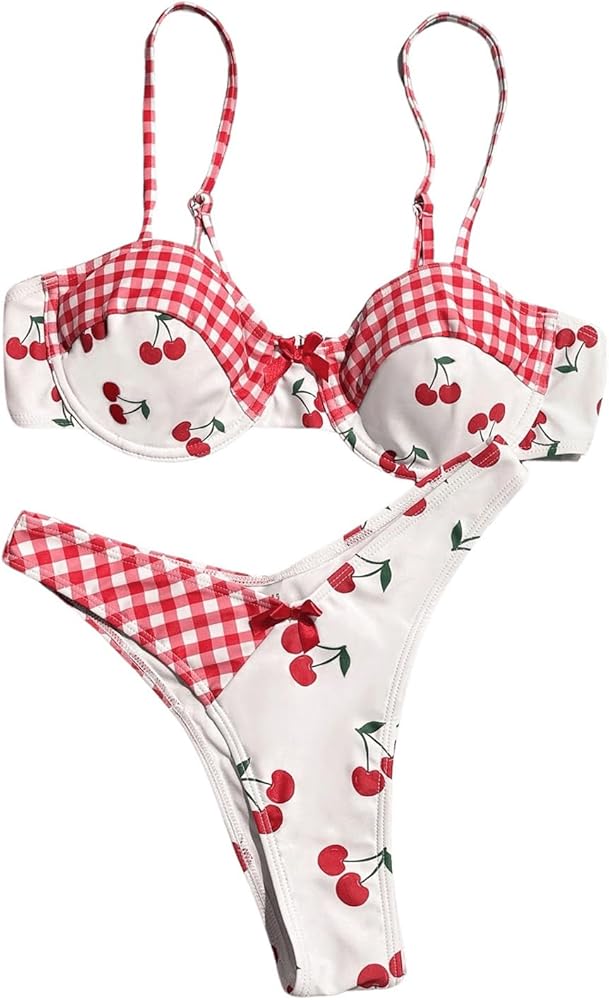 Women's 2 Piece Y2K Gingham Bow Bikini Set Cherry Underwire Bikini Thong Swimsuit High Waisted Bathing Suit Beachwear