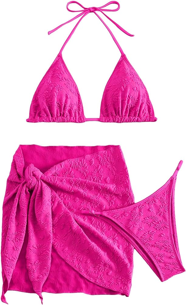 GORGLITTER Women's 3 Piece High Cut Thong Bikini Set Floral Print Halter Triangle Top Swimsuit with Cover Skirt